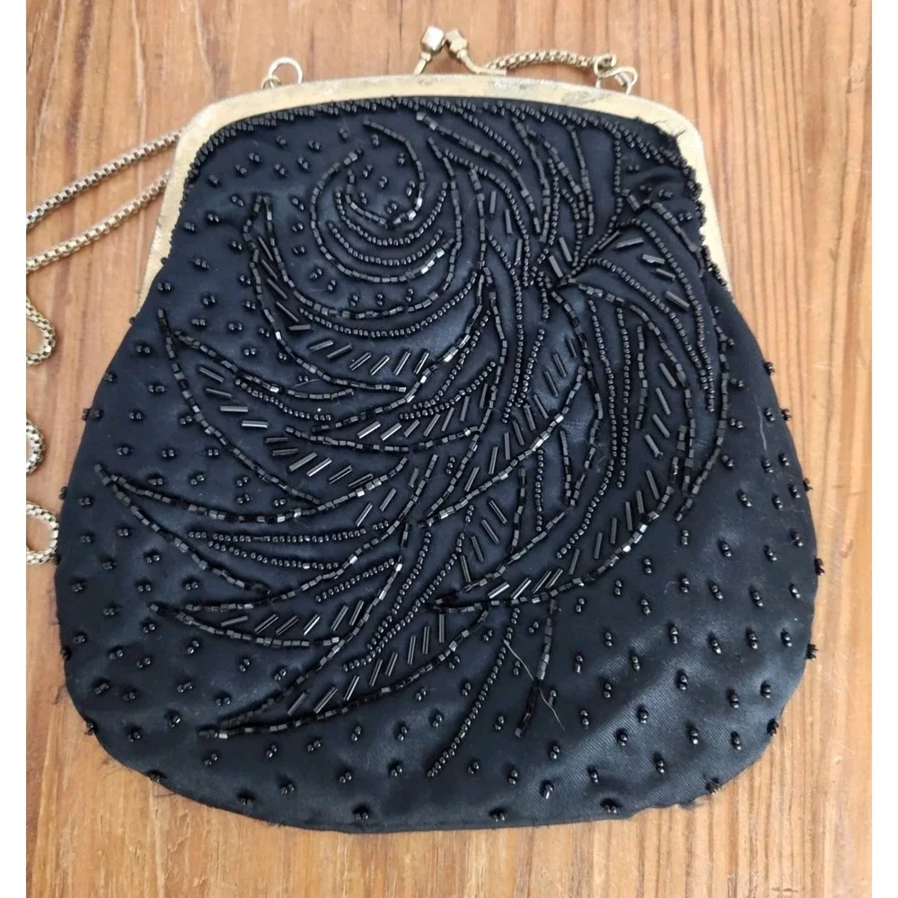 Vintage Black Hand Beaded Clutch Purse‎ Shoulder Bag Gold Chain Evening Formal